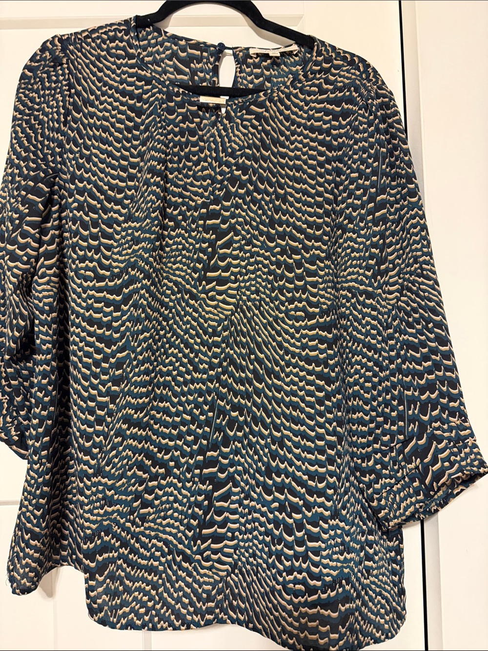 Printed Long-Sleeve Blouse in Teal and Cream